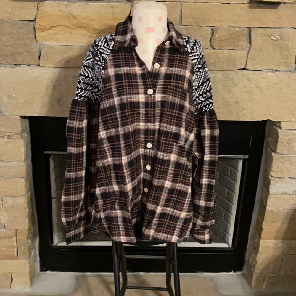 NWT Free People knit sleeve flannel button up
